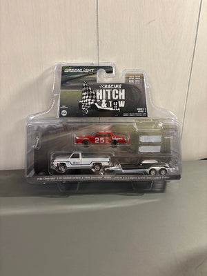 Greenlight 1986 Chevrolet C30 Custom Deluxe & 1986 Chevrolet Monte Carlo SS #25 Folgers Coffee with Flatbed Trailer Diecast multi color                                   Coffee With Flatbed Trailer Diecast
