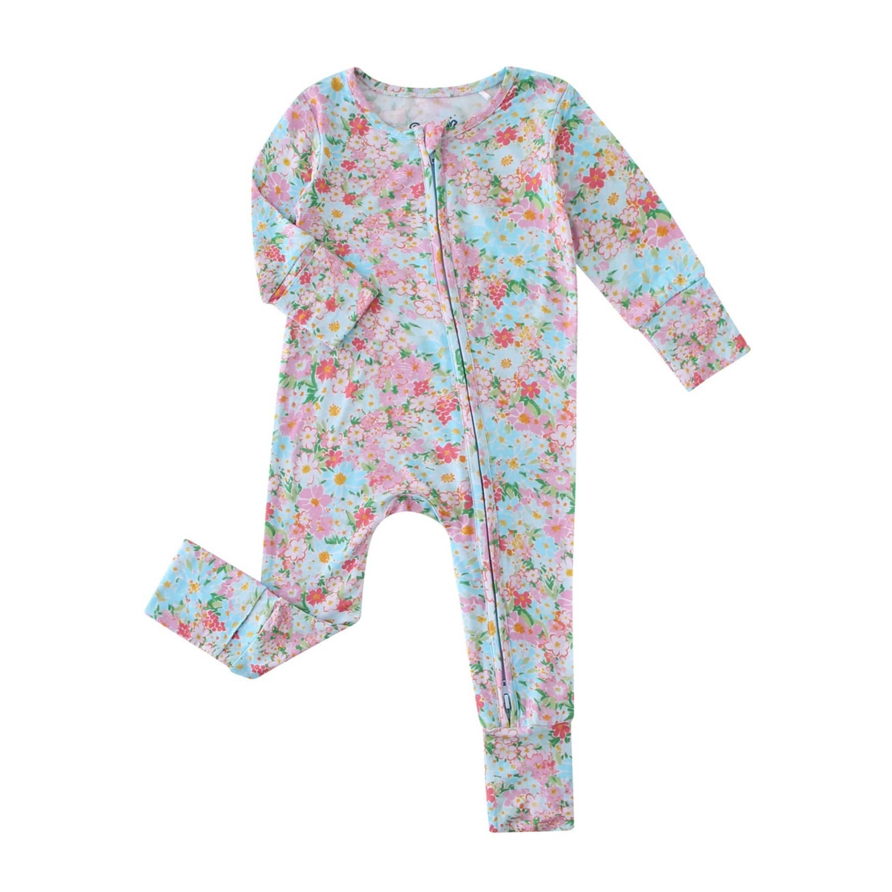 PoshTOT Spring Floral Bamboo Baby Convertible Zippy Romper