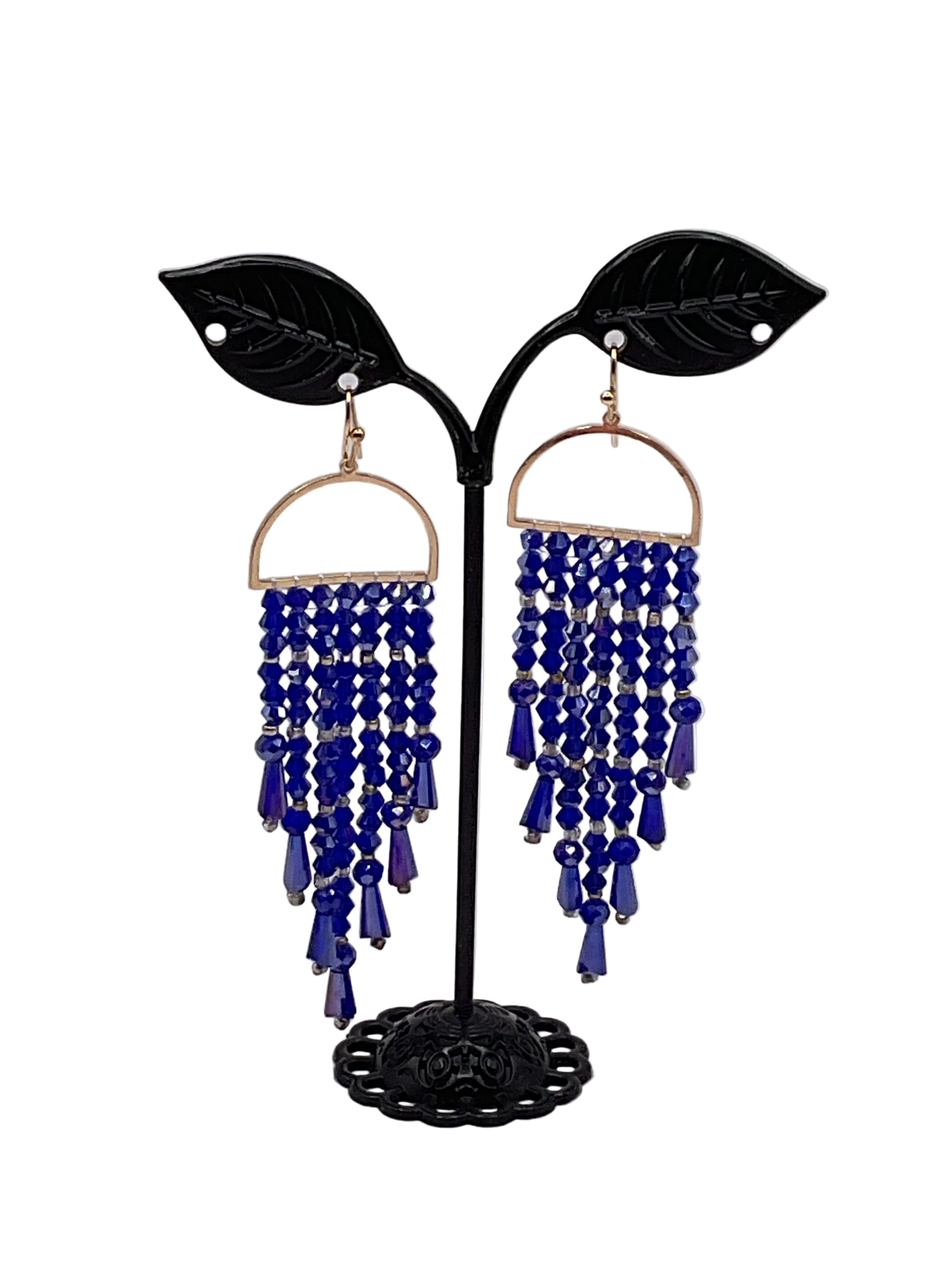 Blue Crystal Beaded Tassel Earrings