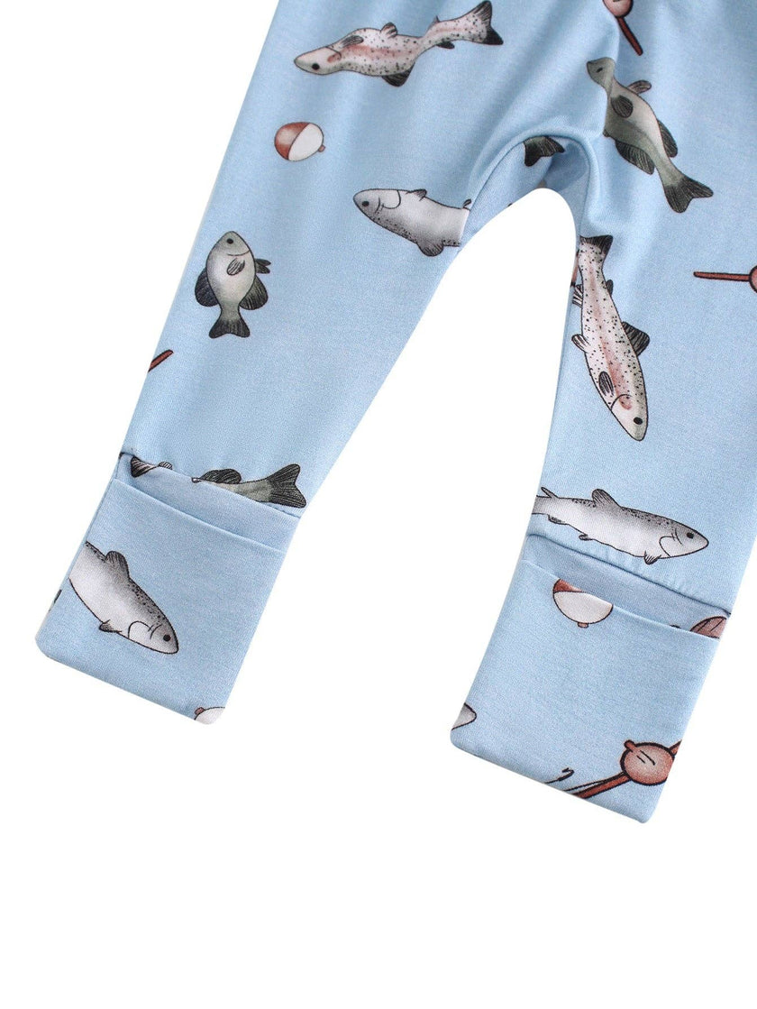 PoshTOT Blue Fish Bamboo Baby Convertible Zippy Romper
