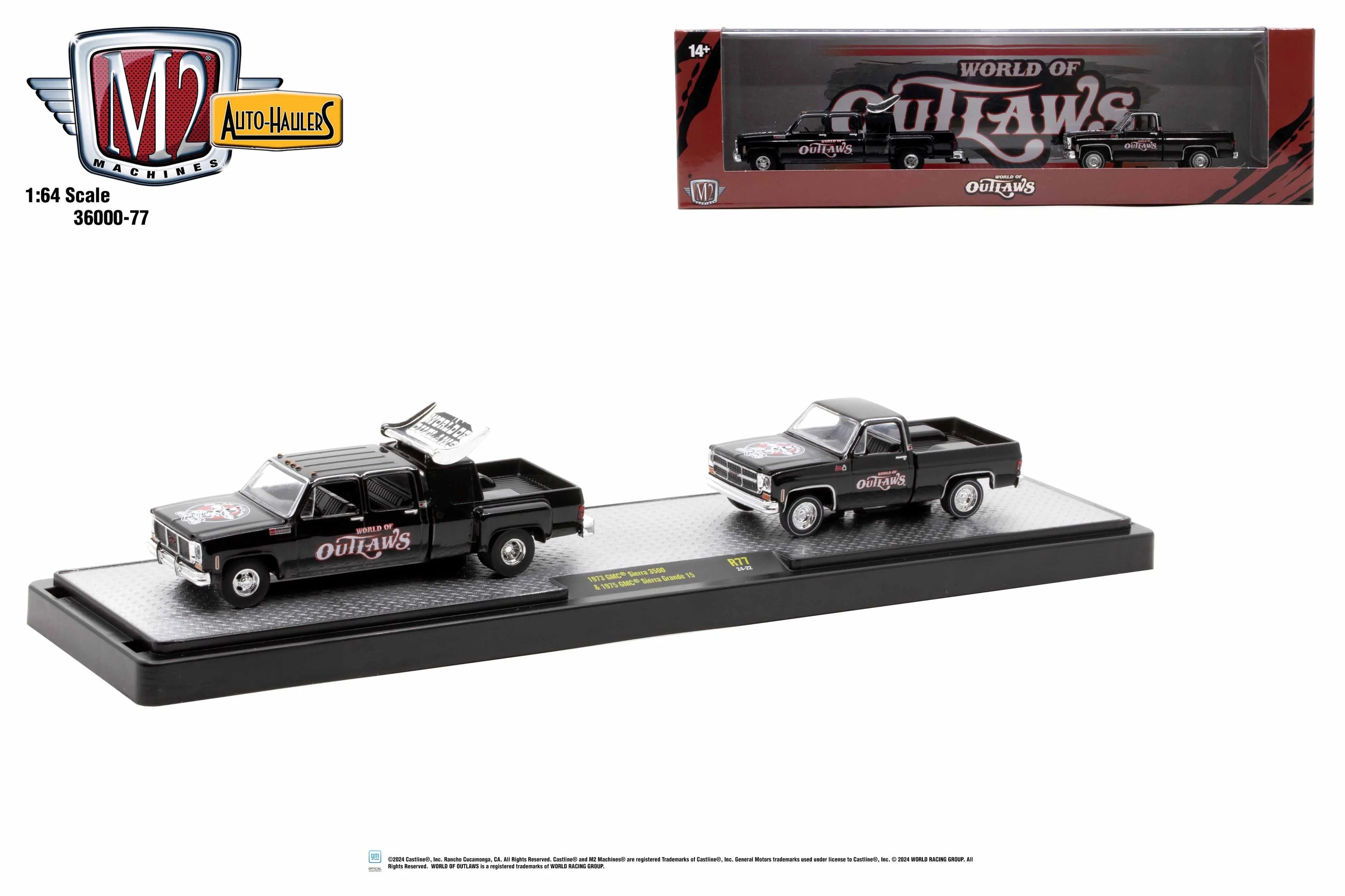 Pre-Order M2 World of Outlaws Auto-Haulers 1973 GMC Sierra 3500 and 1975 GMC Sierra Grande 15 Diecast