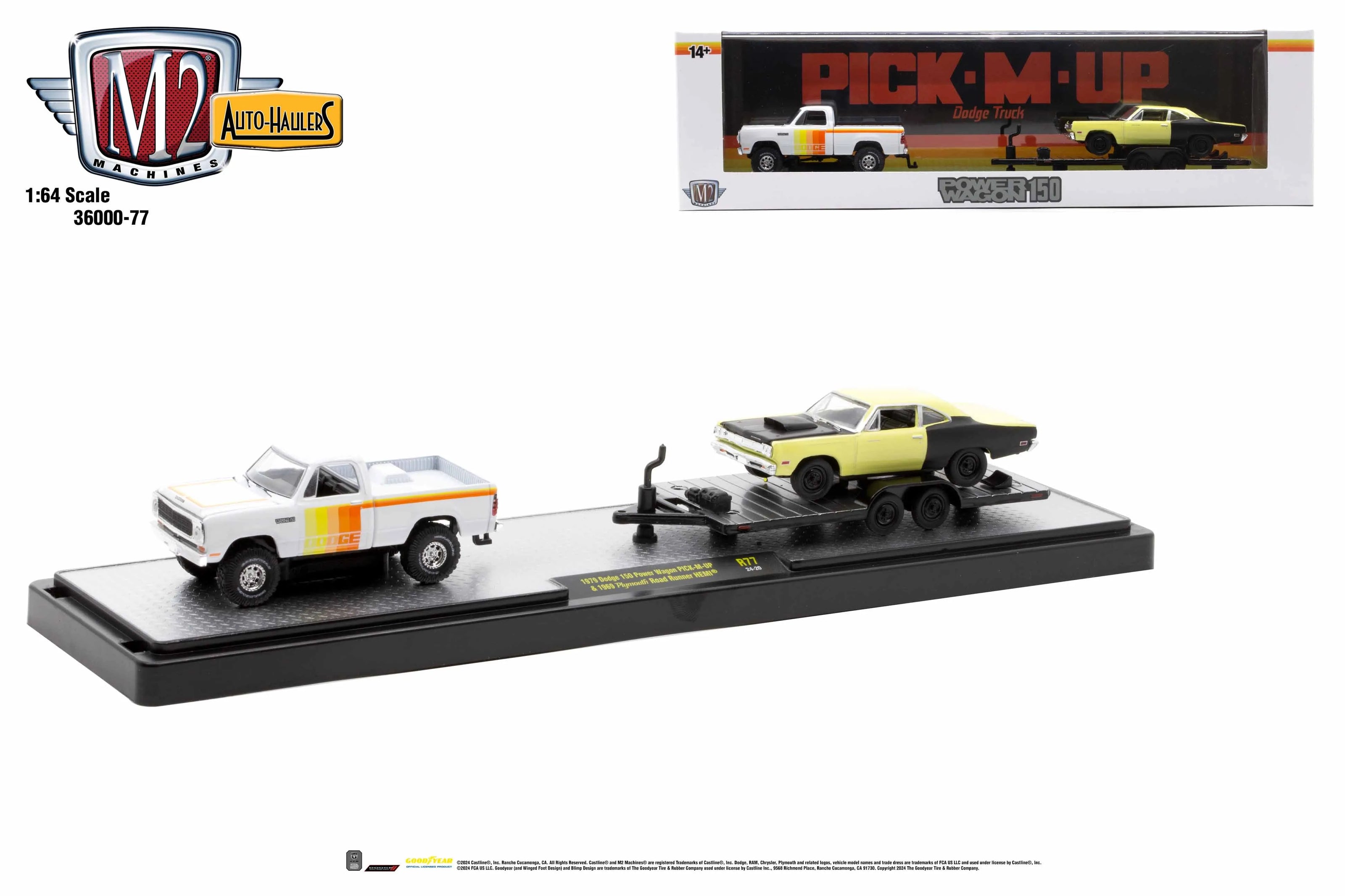 Pre-Order M2 Auto Hauler 1979 Dodge 150 Power Wagon hauling on an open trailer a 1969 Plymouth Road Runner Diecast