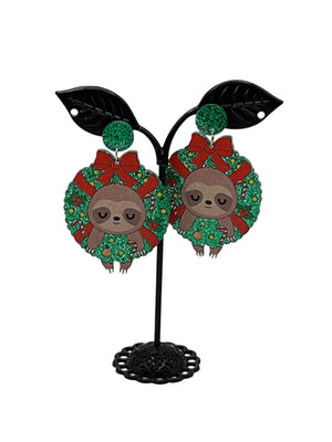Christmas Sloth in Wreath earrings