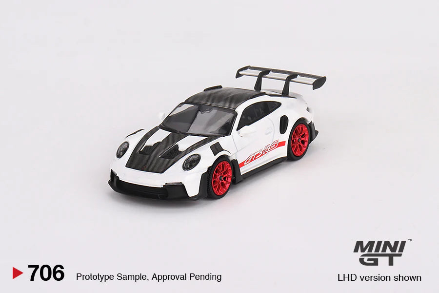 Mini GT 1:64 Porsche 911 (992) GT3 RS Weissach Package – White with Pyro Red- MiJo Exclusives