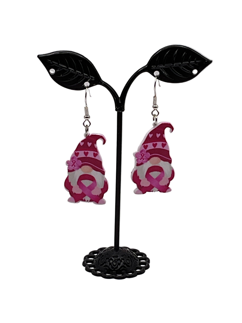Breast cancer gnome earrings