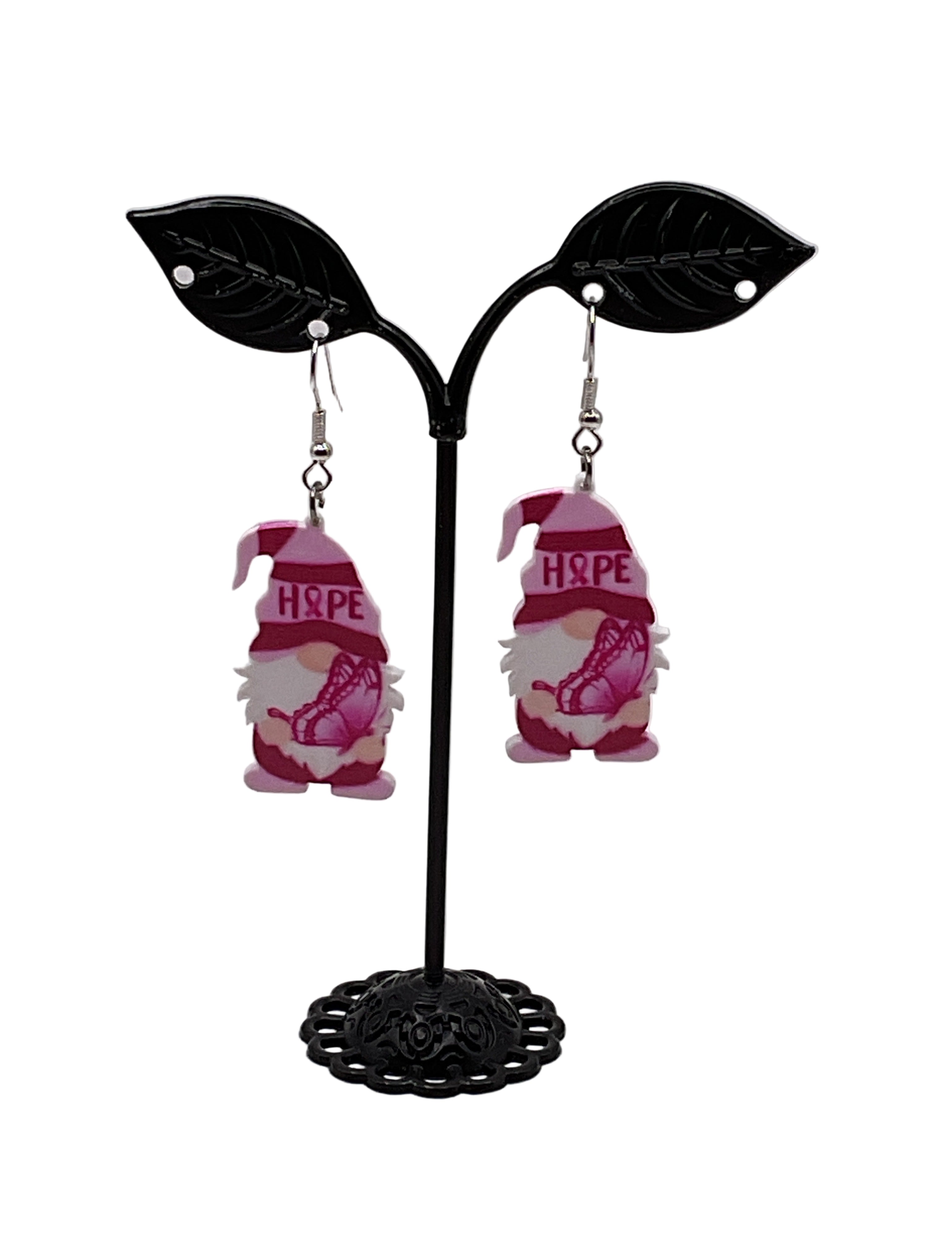 Breast cancer gnome earrings