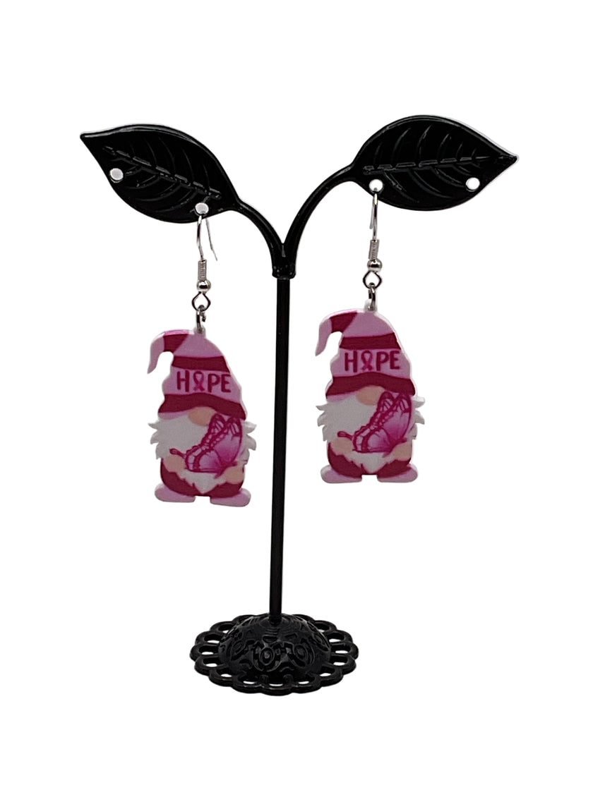 Breast cancer gnome earrings
