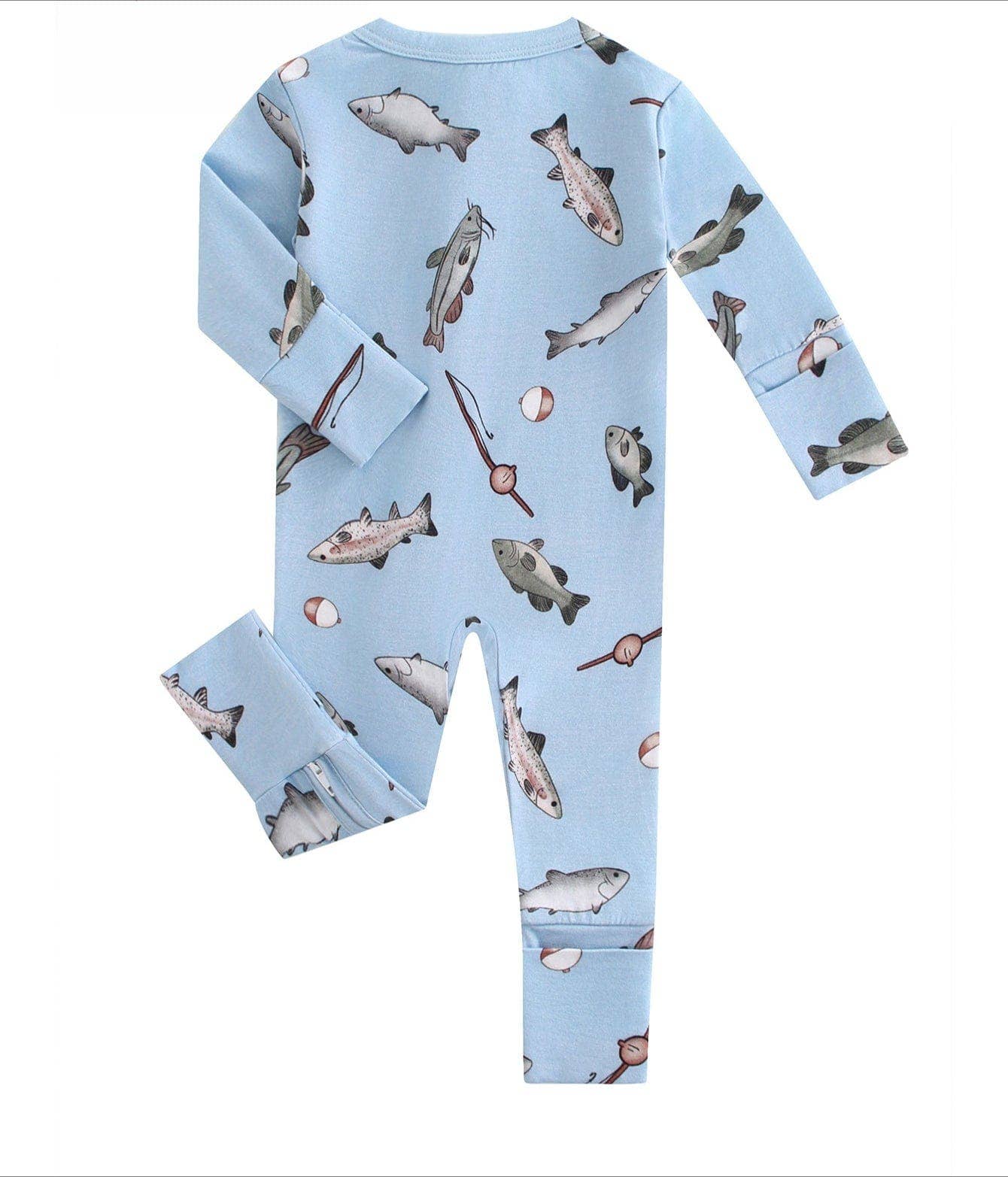 PoshTOT Blue Fish Bamboo Baby Convertible Zippy Romper