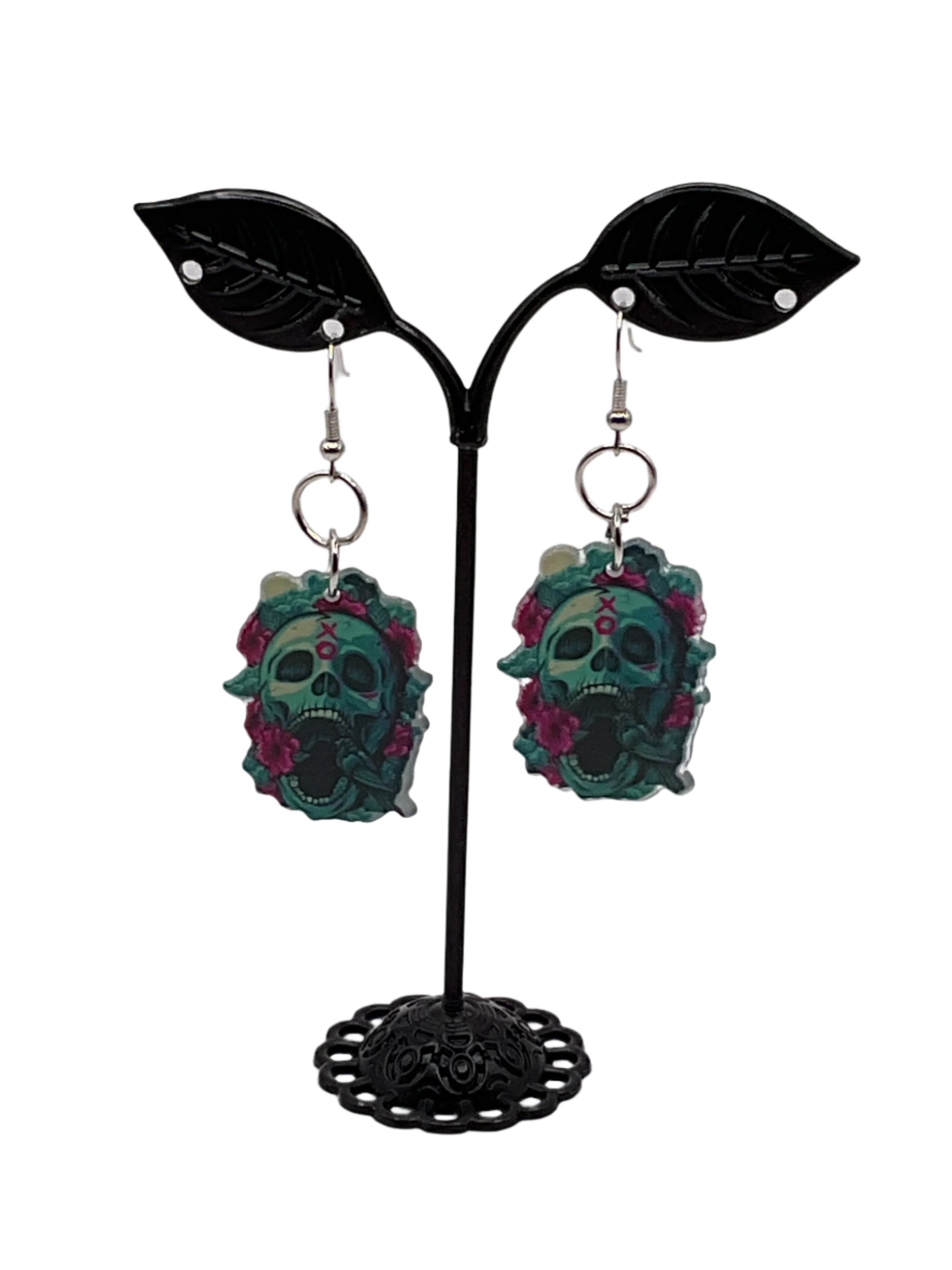 Skulls With Pink Rose Earrings