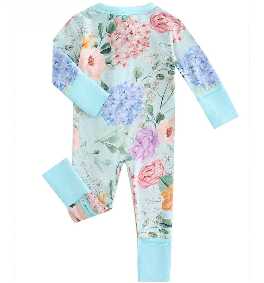 PoshTOT Green Hydrangea Bamboo Baby Convertible Zippy Romper
