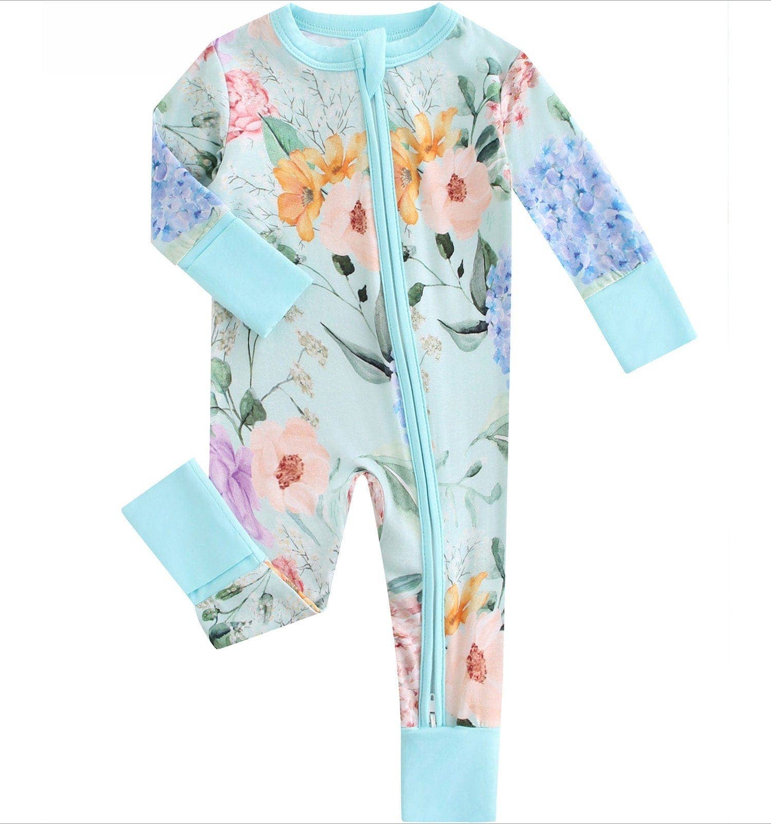 PoshTOT Green Hydrangea Bamboo Baby Convertible Zippy Romper