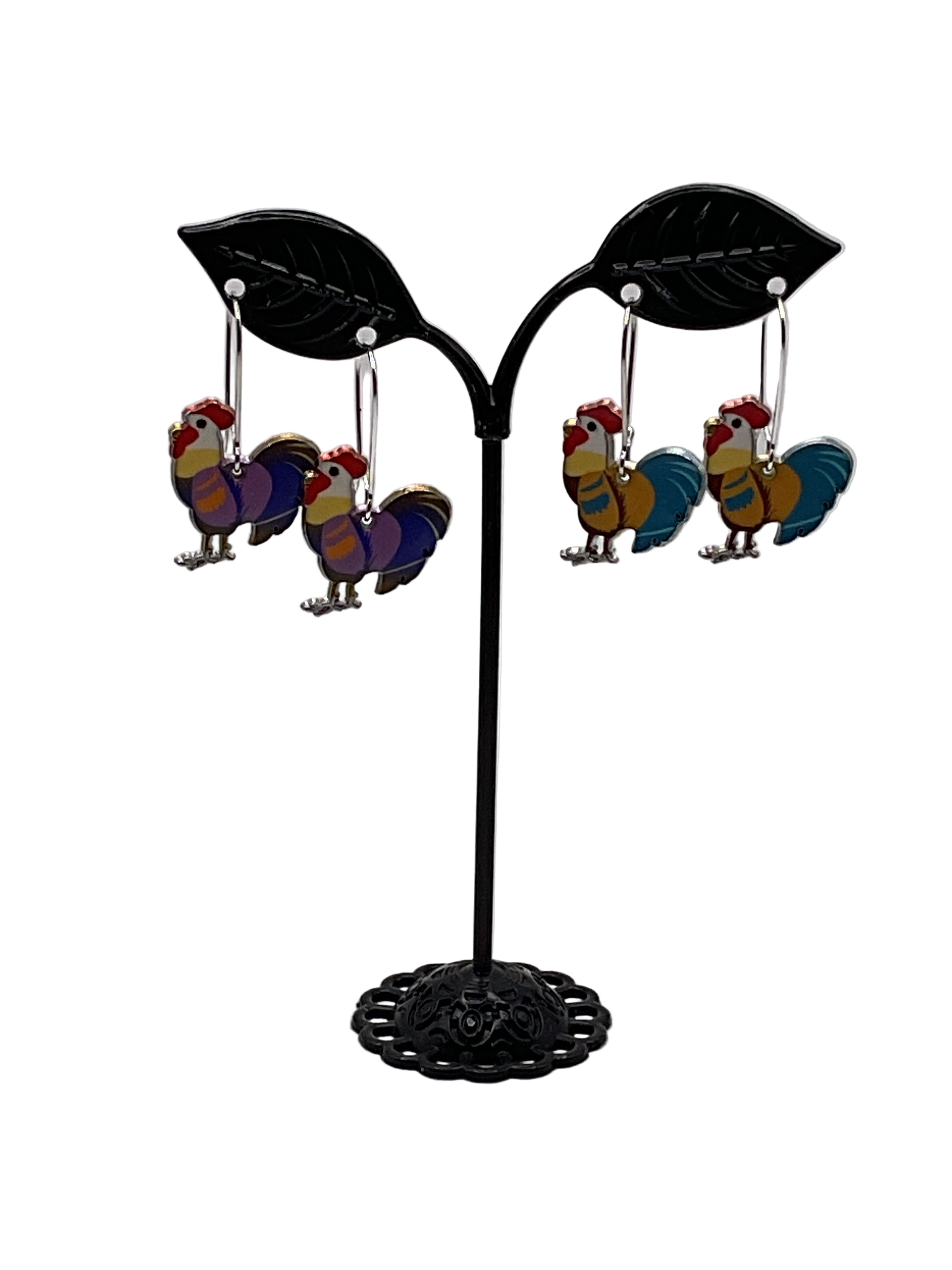 Silver and Gold Enamel Roosters