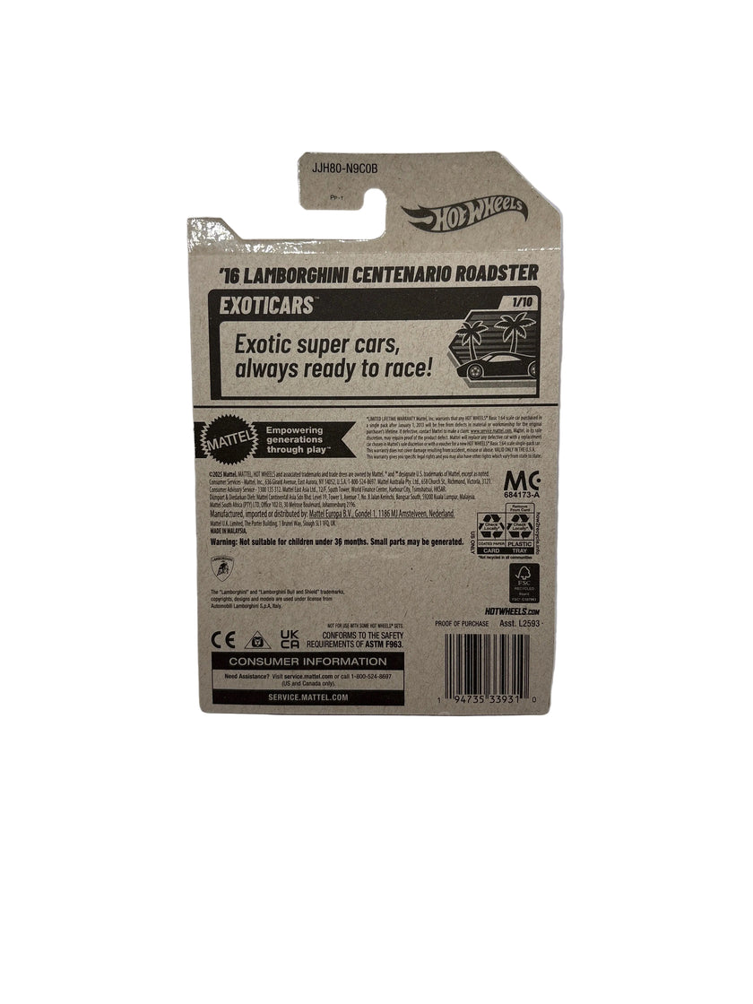 Hot Wheels 16 Lamborghini Centenario Roadster Diecast yellow
