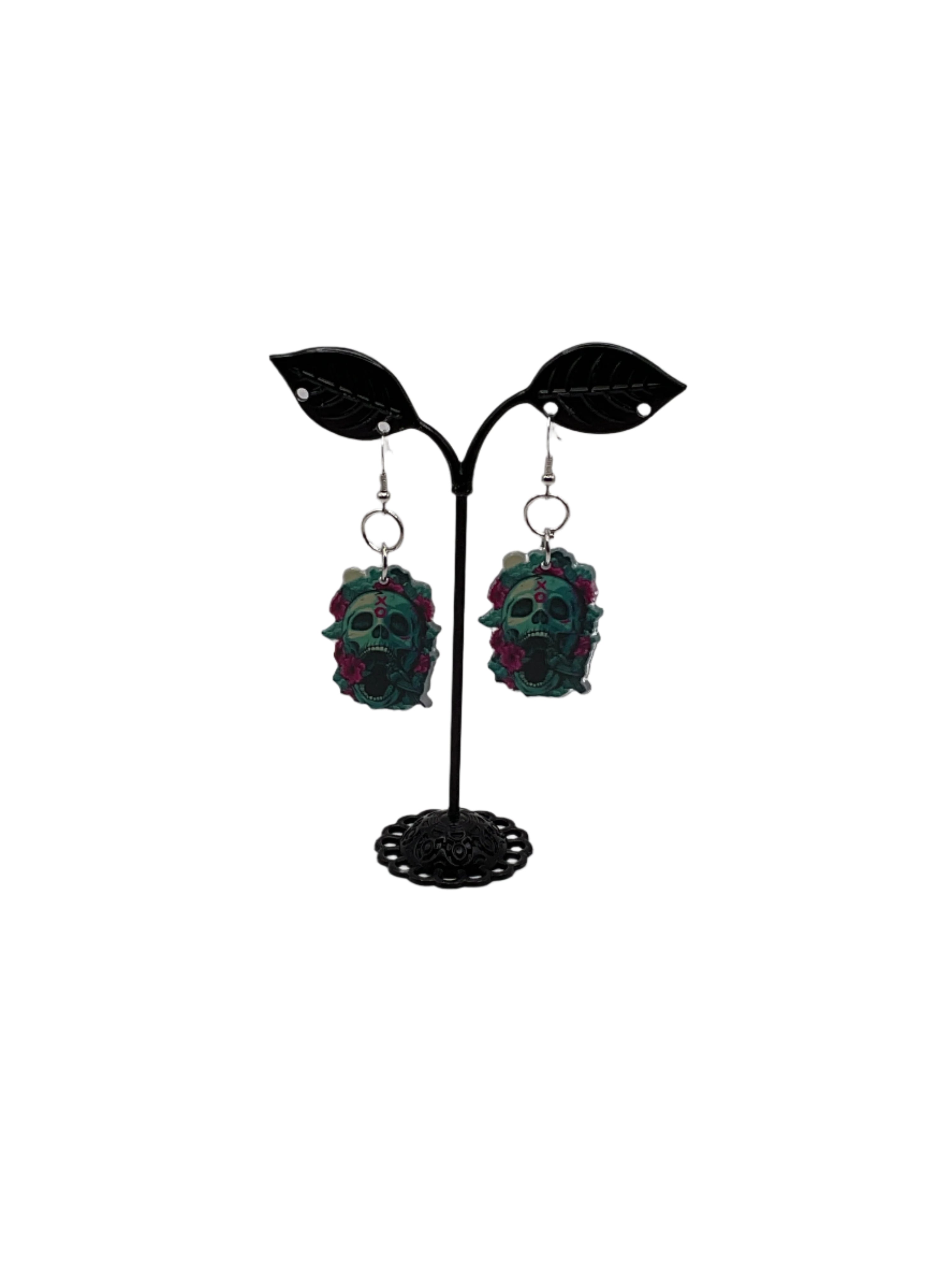 Skulls With Pink Rose Earrings