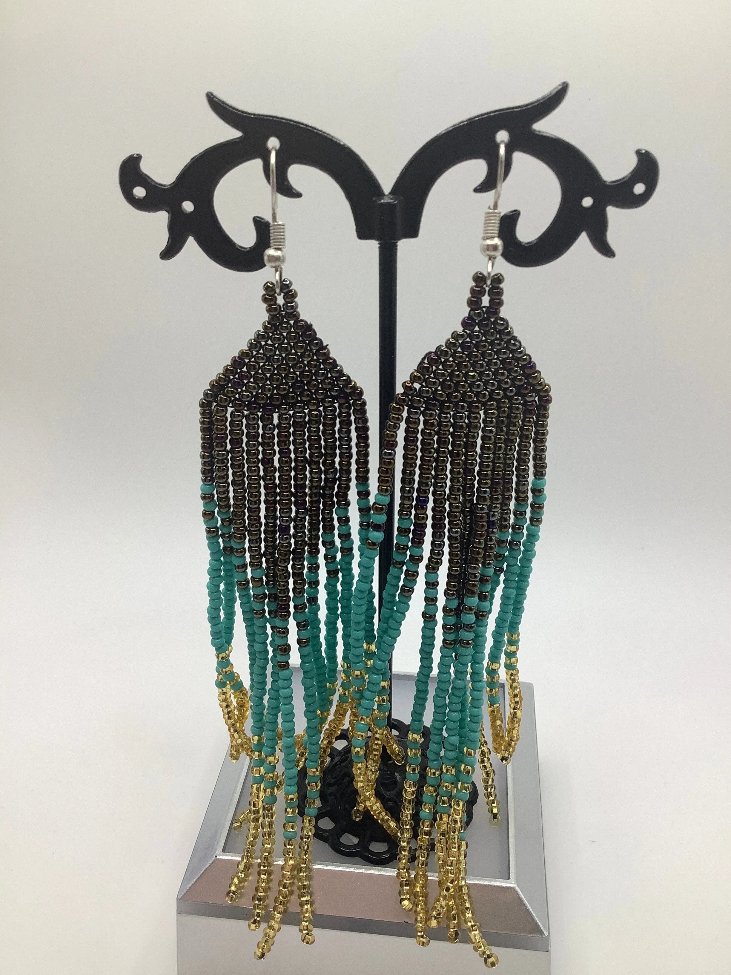 Black Teal and Gold Peruvian tassel earrings