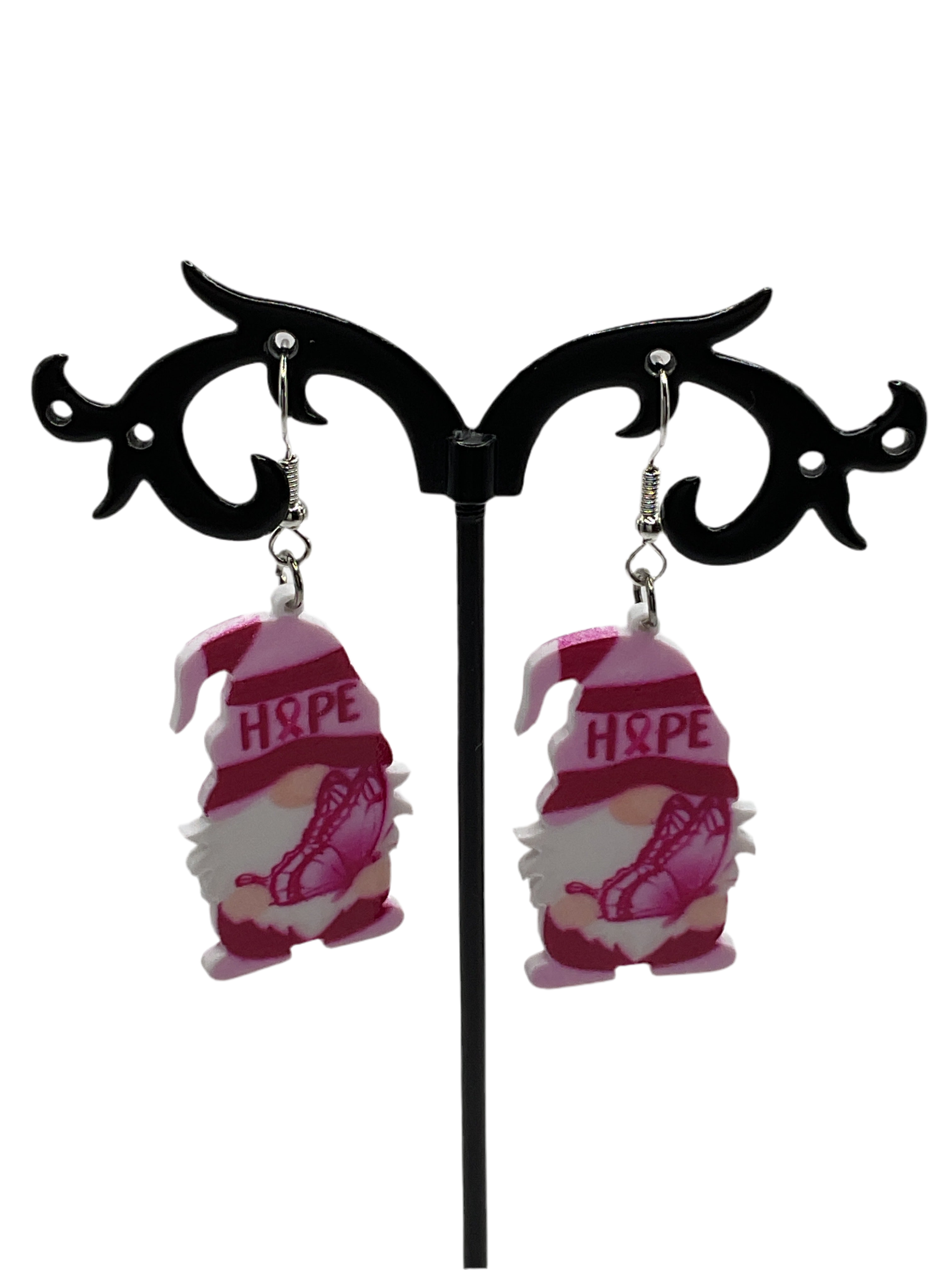 Breast cancer gnome earrings