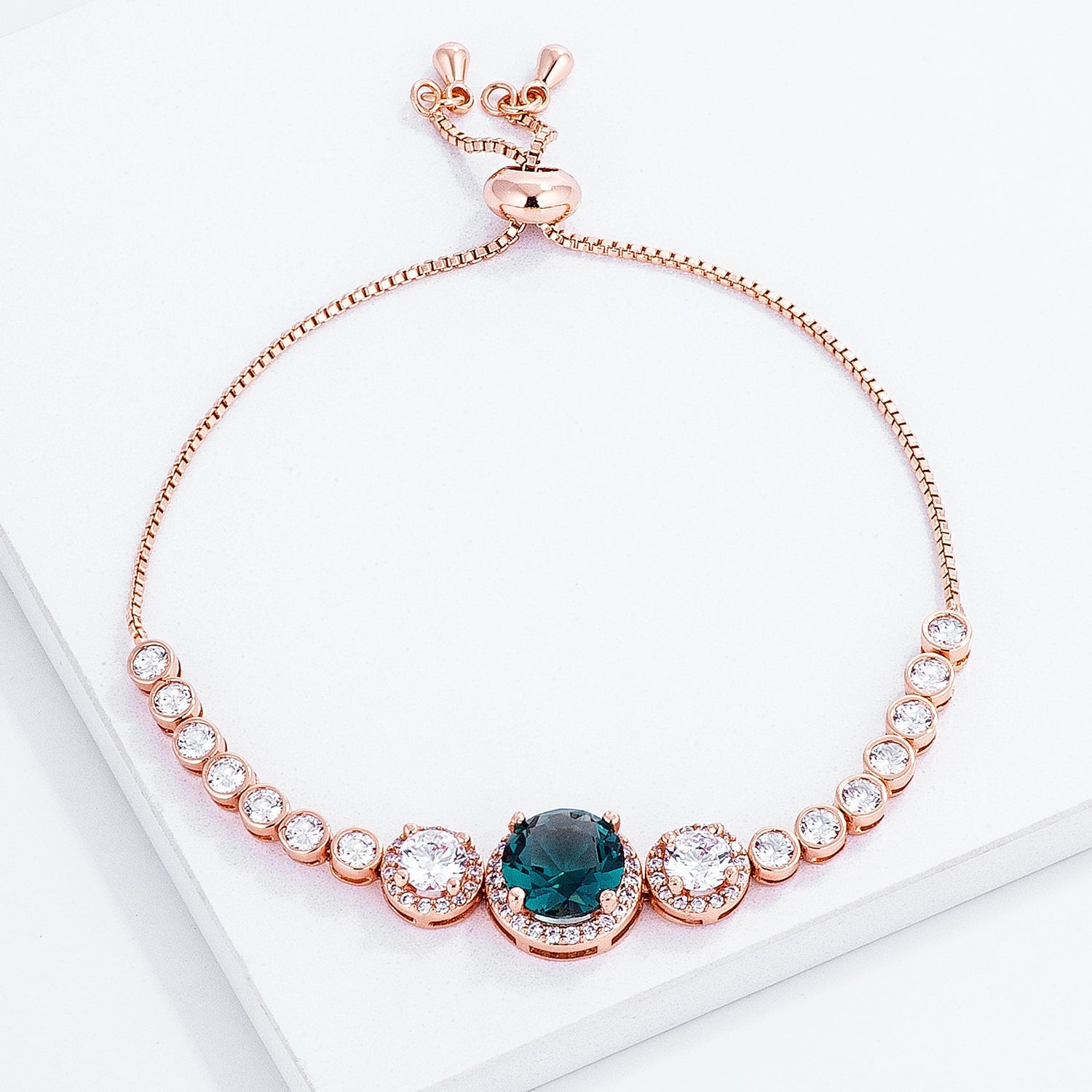 Adjustable Rose Gold Plated Graduated CZ Bolo Style Tennis Bracelet