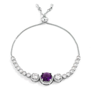 Adjustable Rhodium Plated Graduated Purple & Clear CZ Bolo Style Tennis Bracelet