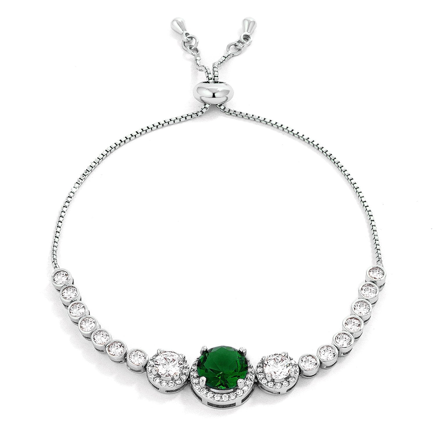 Adjustable Graduated Emerald Green & Clear CZ Bolo Style Tennis Bracelet