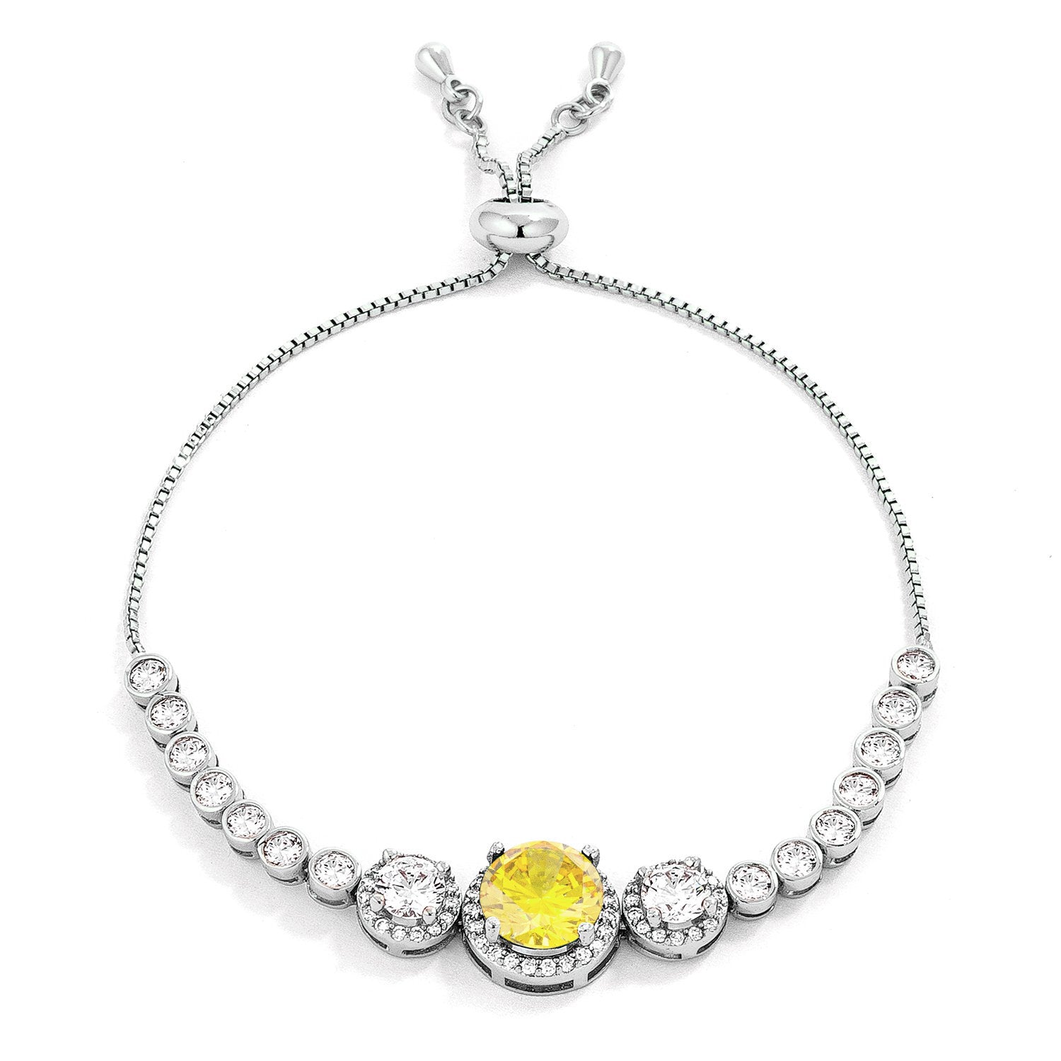 Adjustable Rhodium Plated Graduated Yellow CZ Bolo Style Tennis Bracelet