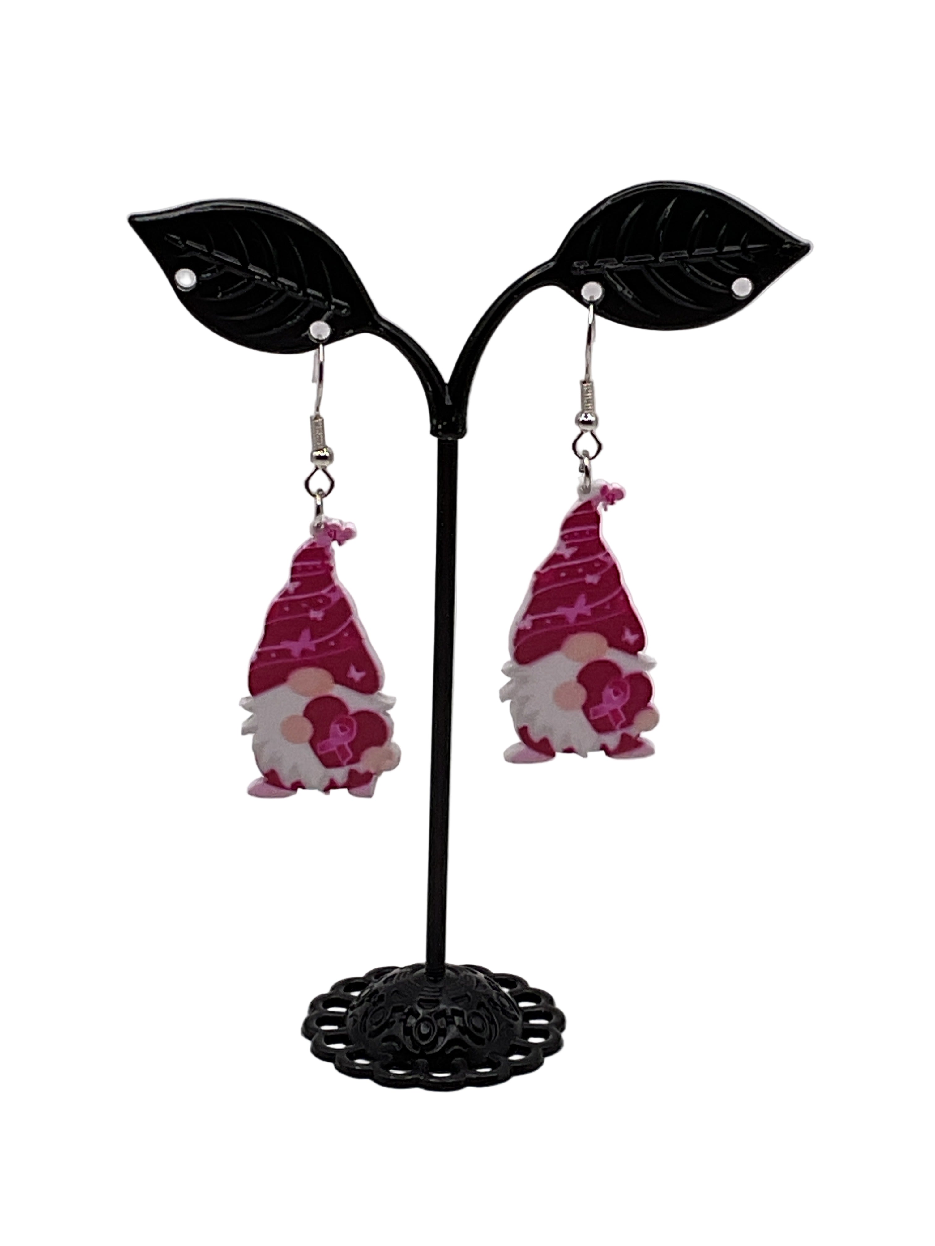 Breast cancer gnome earrings