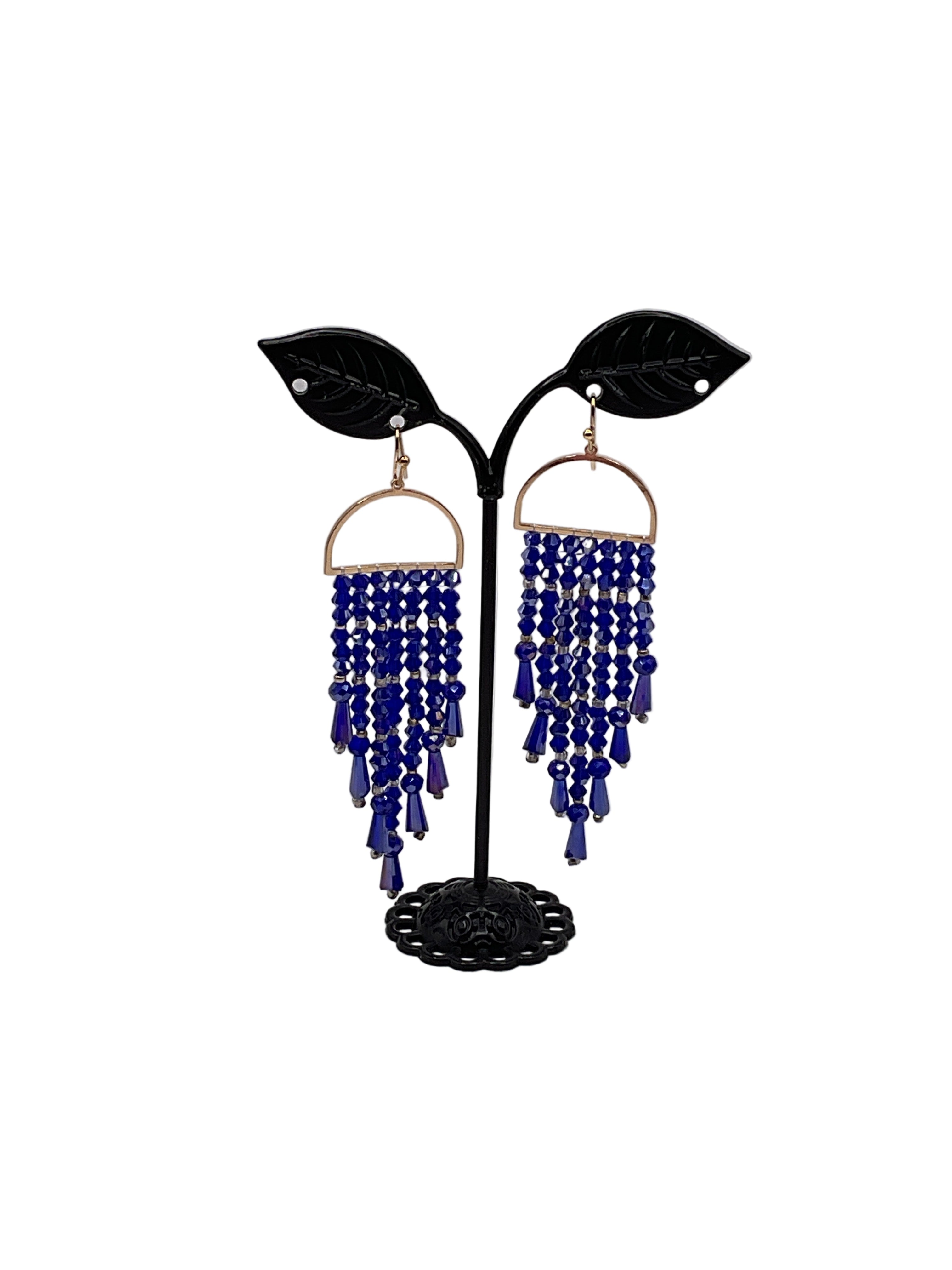 Blue Crystal Beaded Tassel Earrings