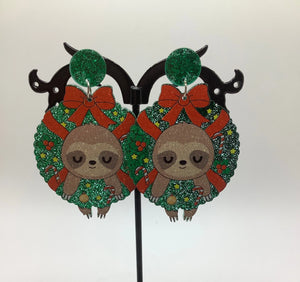 Christmas Sloth in Wreath earrings