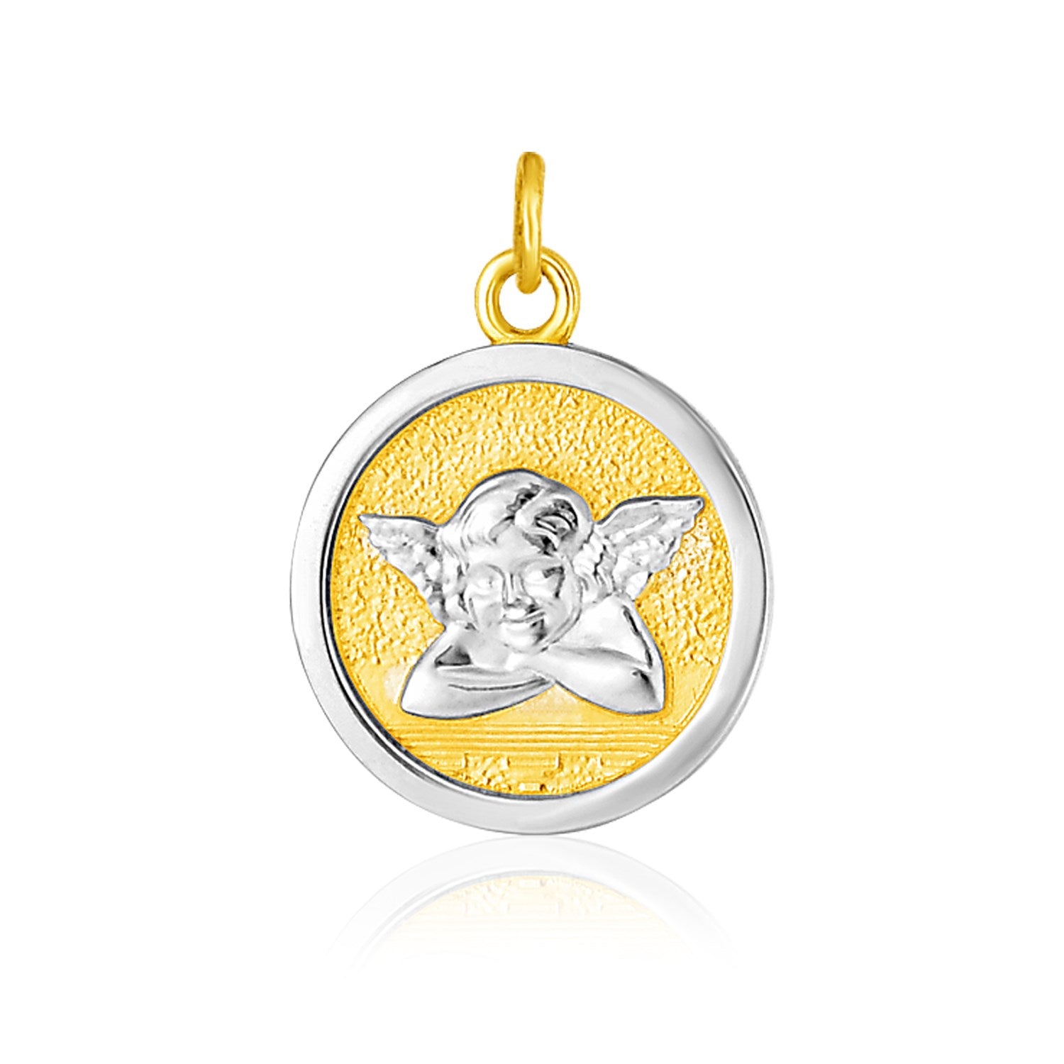 14k Two Tone Gold Round Angel Medal Pendant