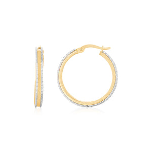 14K Two Tone Gold Diamond Cut Round Hoop Earrings