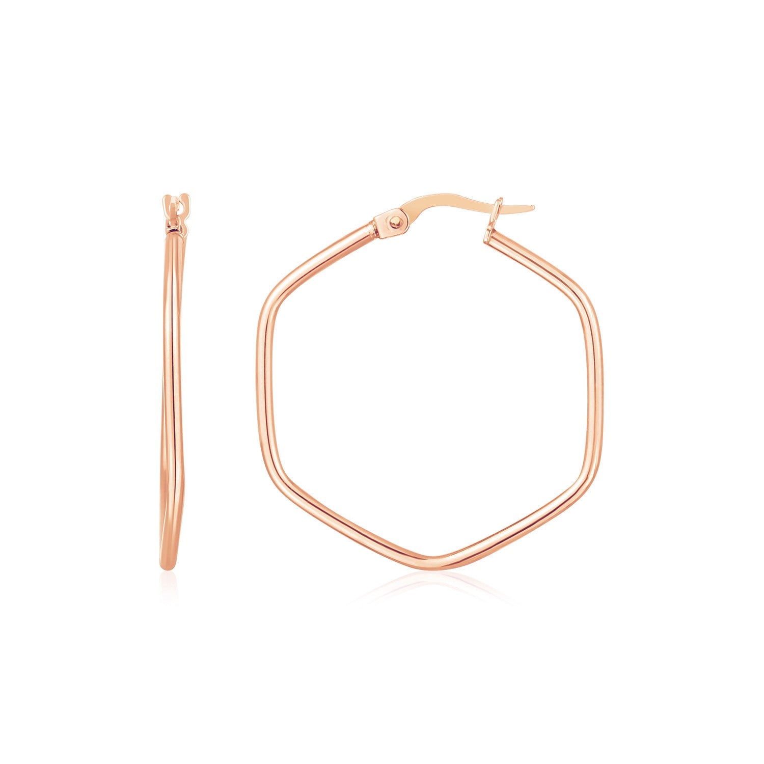 14K Rose Gold Hexagon Hoop Rounded Edge Earrings