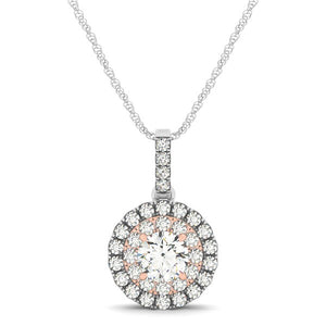 Round Shape Halo Diamond Pendant in 14k White and Rose Gold (1/2 cttw)