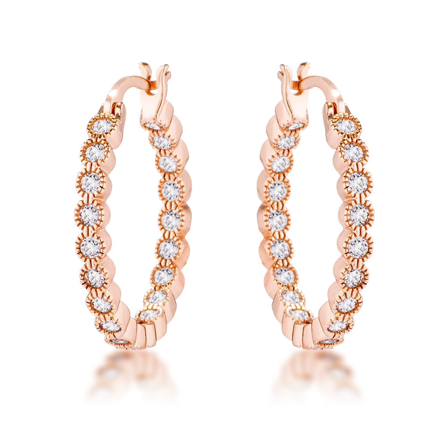 Rose Gold Plated Dotted Clear CZ Round Bezel Hoop Earrings