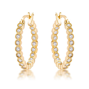 Gold Plated Dotted Clear CZ Round Bezel Hoop Earrings