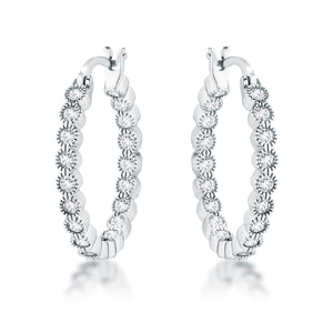 Rhodium Plated Dotted Clear CZ Round Bezel Hoop Earrings