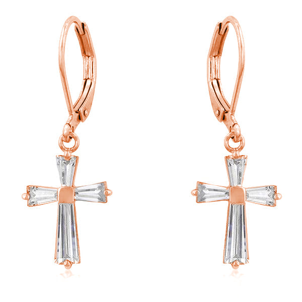 Rose Gold Plated CZ Cross Drop Earrings