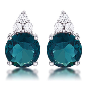 Simple Rhodium Plated 9mm Blue Green CZ Stud Earring