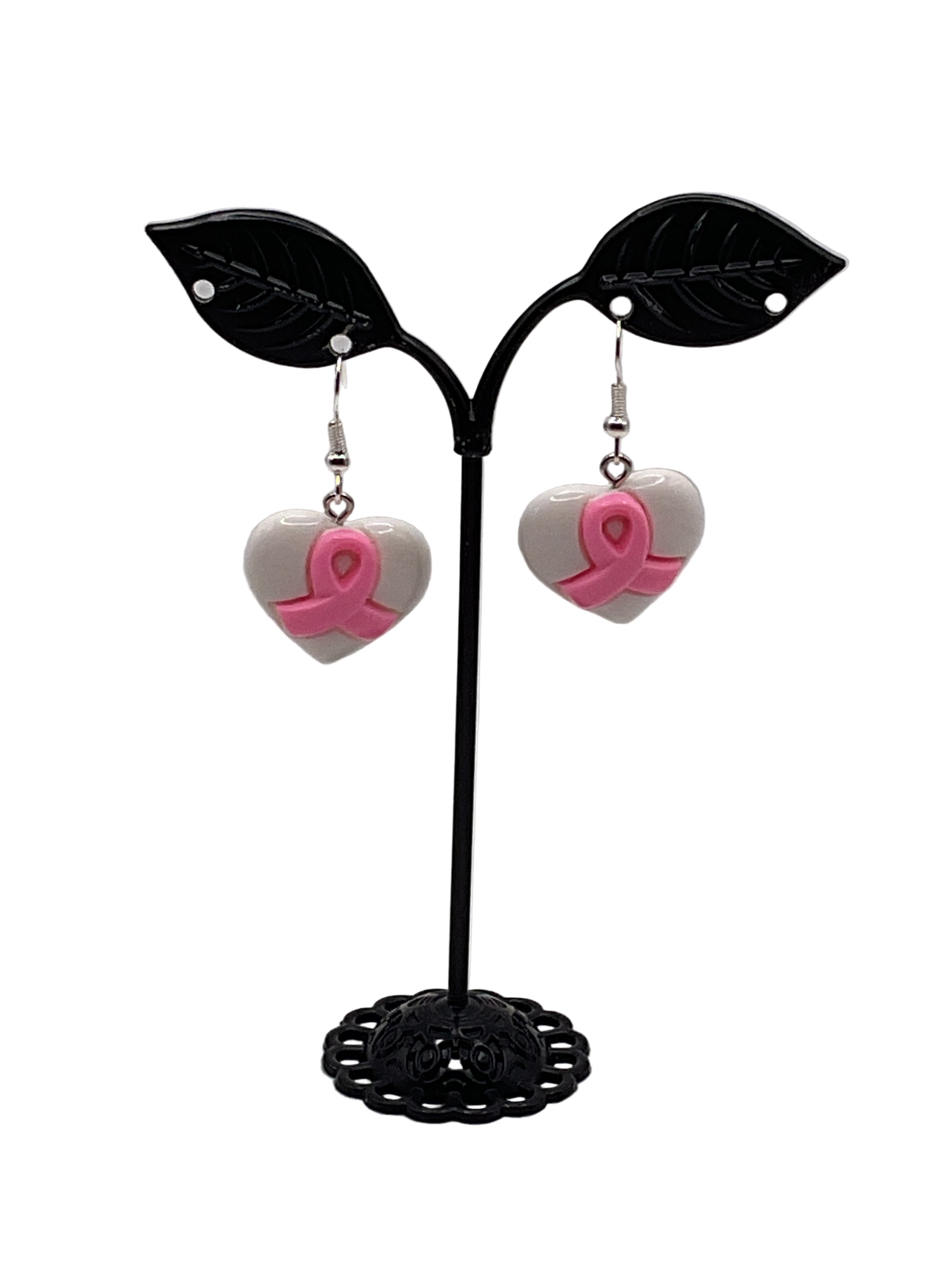 Breast cancer heart earrings