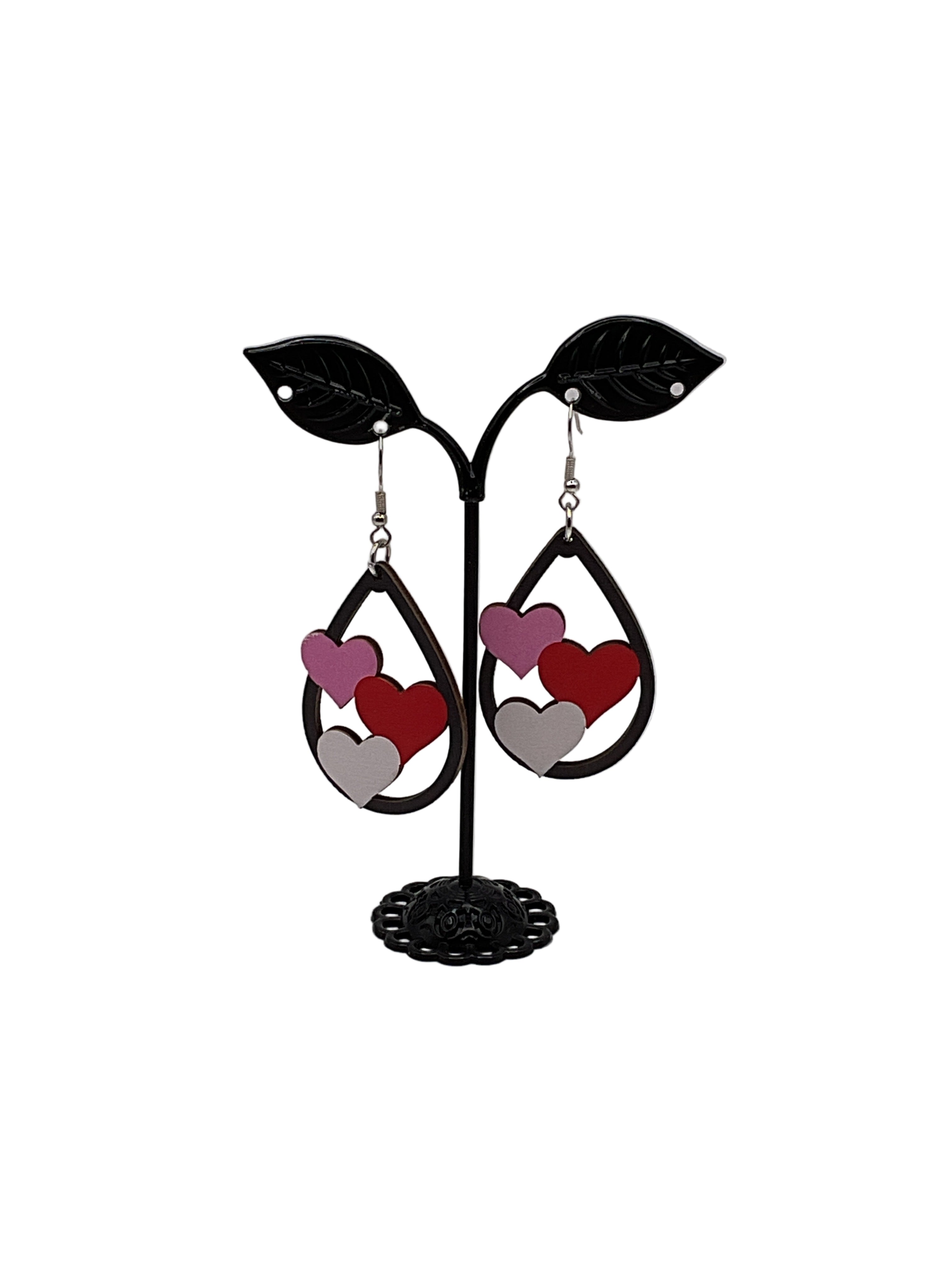 Wooden Three Hearts Earrings