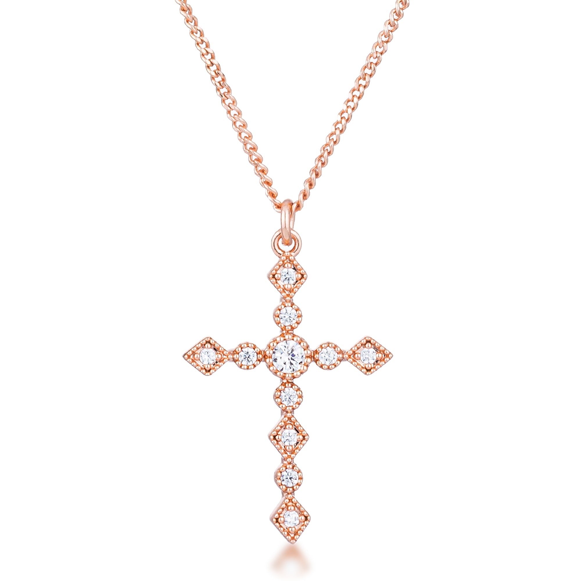 Dainty Art Deco Rose Gold Plated Clear CZ Cross Pendant