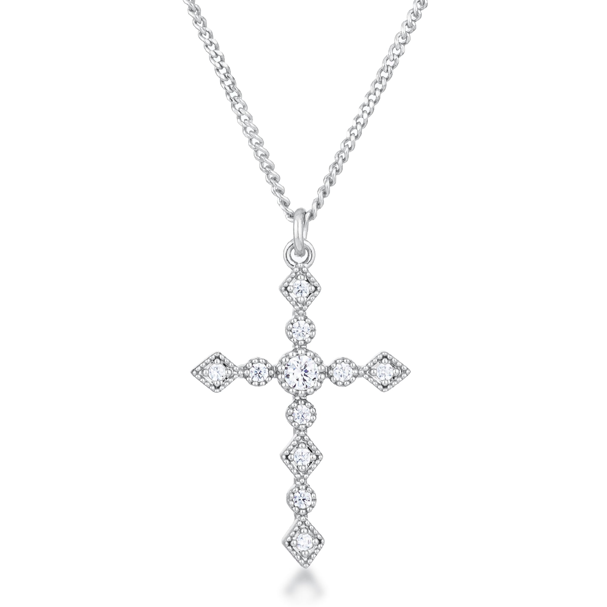 Dainty Art Deco Rhodium Plated Clear CZ Cross Pendant