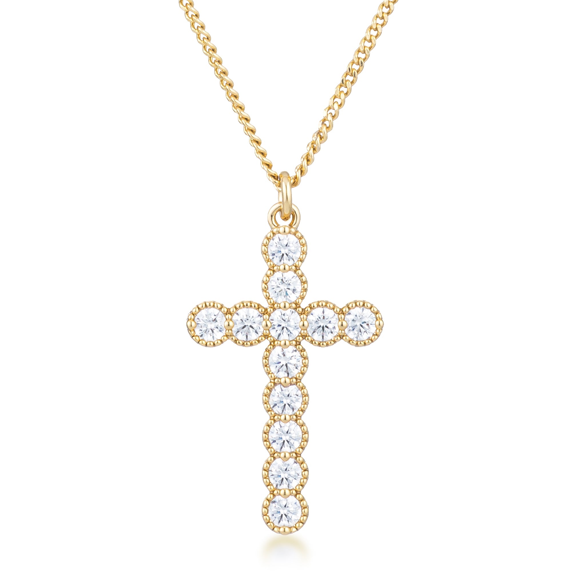 Micro Beaded 18k Gold Plated Clear CZ Cross Pendant