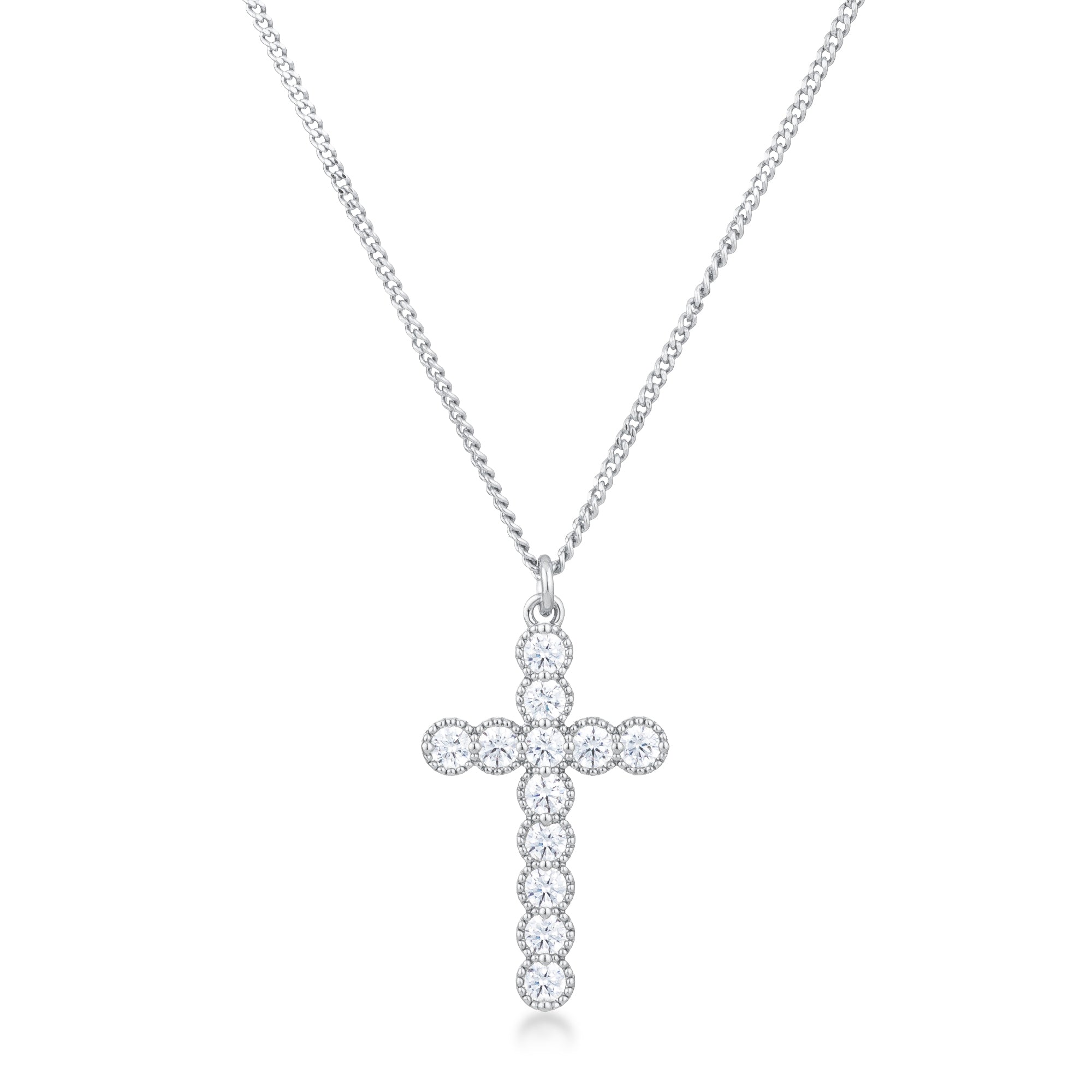 Micro Beaded Rhodium Plated Clear CZ Cross Pendant