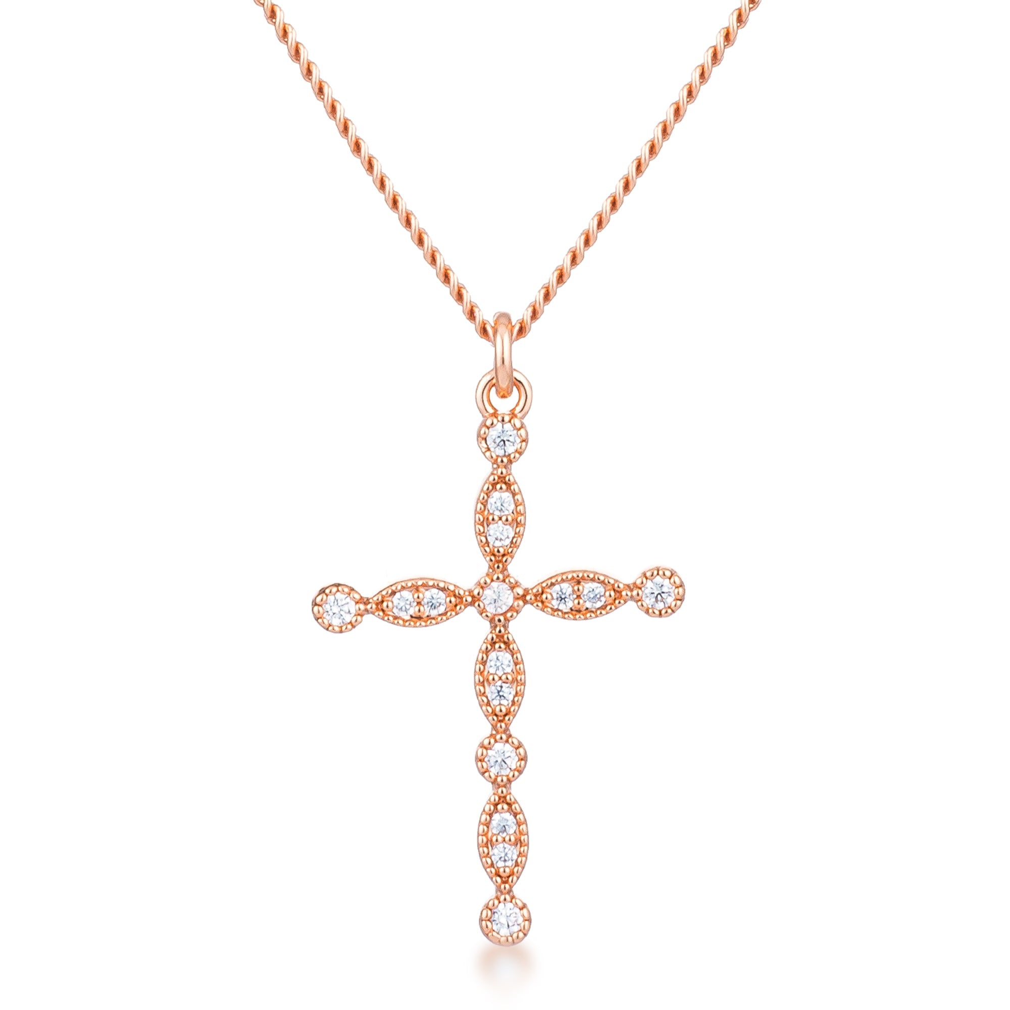 Delicate Vintage Rose Gold Plated Clear CZ Cross Pendant