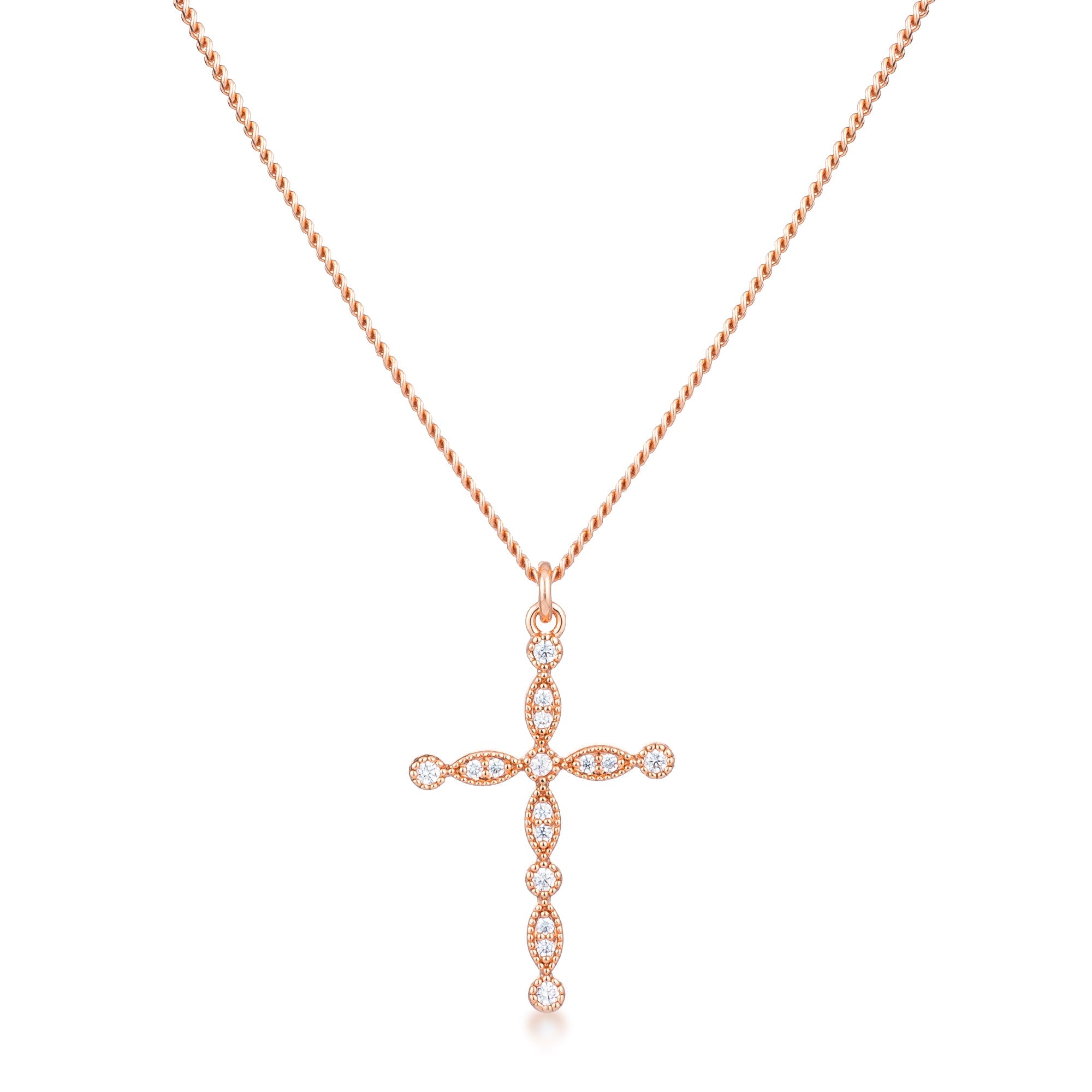 Delicate Vintage Rose Gold Plated Clear CZ Cross Pendant