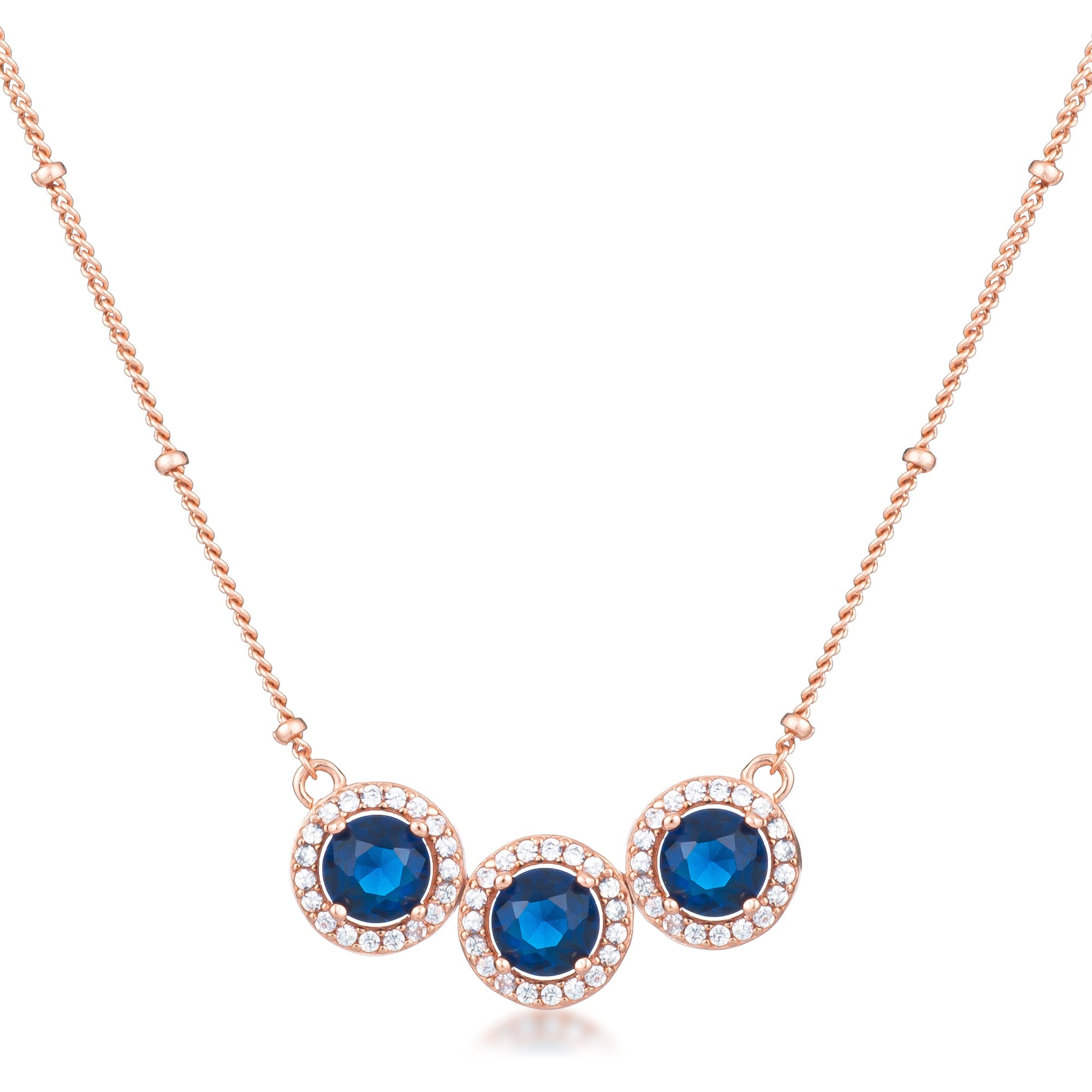 3.1Ct Rose Gold Plated Sapphire Blue Tri-Halo CZ Pendant