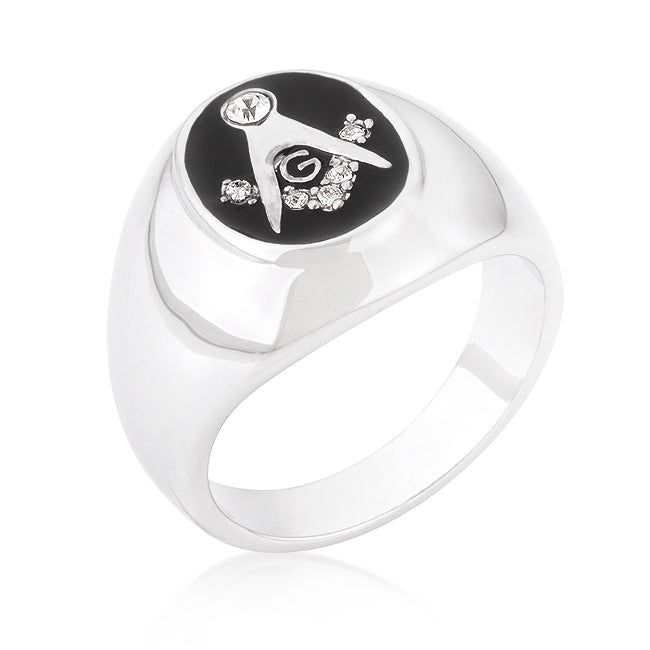 Rhodium Plated Onyx Cubic Zirconia Masonic Ring