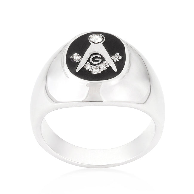 Rhodium Plated Onyx Cubic Zirconia Masonic Ring