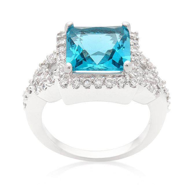 Halo Style Princess Cut Aqua Blue Cocktail Ring