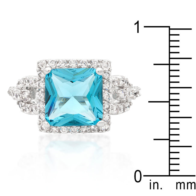 Halo Style Princess Cut Aqua Blue Cocktail Ring