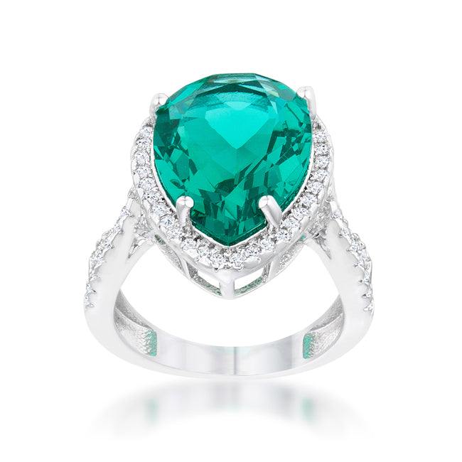 Laura 9.9ct Blue Green CZ Rhodium Classic Teardrop Ring